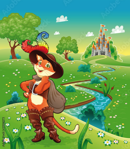 Vector: Puss in boots and background. Cartoon vector illustration. Puss in boots and background. Cartoon vector illustration.