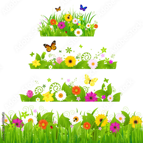 Vector: Grass With Flowers Set Grass With Flowers Set