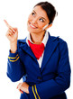 Flight attendant pointing