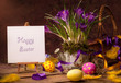 vintage Easter card, spring flowers on a wooden background vintage Easter card, spring flowers on a wooden background