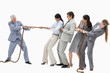 Business people pulling a rope against their boss