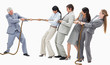 Boss pulling a rope against his employees