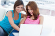 Young woman using her friend's laptop 