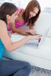 Smiling young women using a laptop on a white sofa