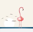Flamingo against the stylized sea landscape