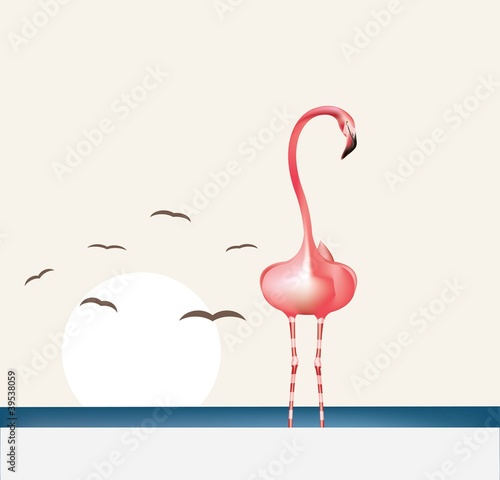 Vector: Flamingo against the stylized sea landscape Flamingo against the stylized sea landscape