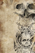 Tattoo pattern with evil designs over antique paper