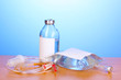 Bottle and bag of intravenous antibiotics and plastic infusion