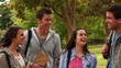 Video: Camera pans across to show four friends friends talking while standing in a park Camera pans across to show four friends friends talking while standing in a park