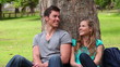 Video: Two friends smiling as they look at each other while sitting against a tree Two friends smiling as they look at each other while sitting against a tree