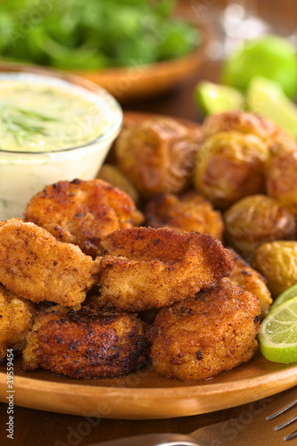 Photo: Breaded fried calamary with baked potatoes and tzatziki Breaded fried calamary with baked potatoes and tzatziki