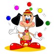 A cartoon dog as dressed as a clown juggling balls
