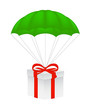 Gift box with red bow flying on green parachute Gift box with red bow flying on green parachute