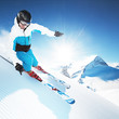 Skier in mountains, prepared piste and sunny day