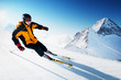 Skier in mountains, prepared piste and sunny day