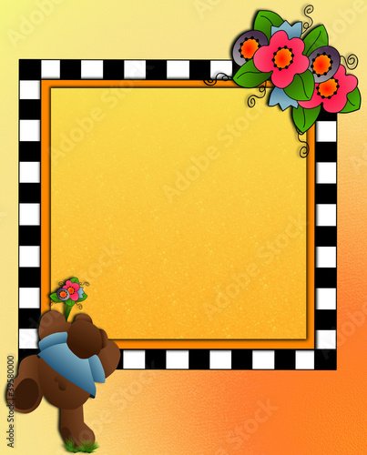 Illustration: Little bear & flower bouquet, frame space for photo, text Little bear & flower bouquet, frame space for photo, text