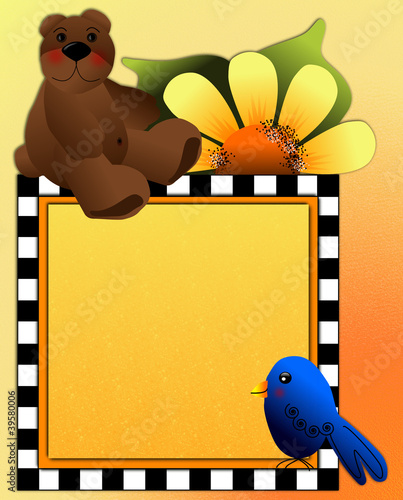 Illustration: Teddy bear, bluebird & coneflowers, frame space for photos, text Teddy bear, bluebird & coneflowers, frame space for photos, text