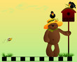 Teddy bear, birdhouse & crows background-space for photos, text