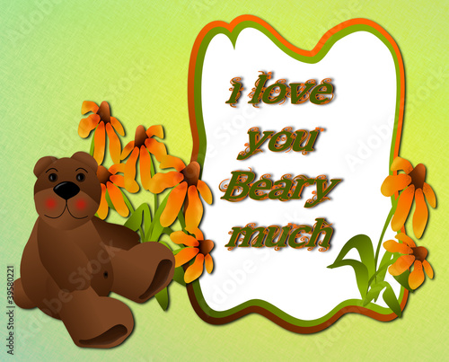 Illustration: Little bear with coneflowers, frame space for photos, text Little bear with coneflowers, frame space for photos, text