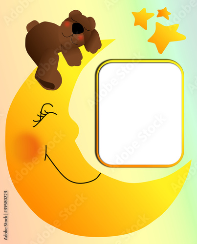 Illustration: Little bear snoozes away on moon, space for photos, text Little bear snoozes away on moon, space for photos, text