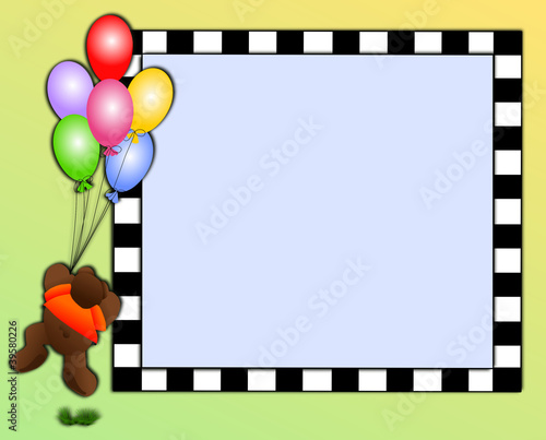 Illustration: Teddy bear with balloons, frame space for photos, text, caption Teddy bear with balloons, frame space for photos, text, caption