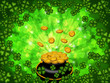 Pot of Gold on Shamrock Four Leaf Clover Background