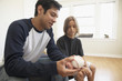 Father talking to his son about baseball