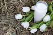 Glass of milk and white tulips on hay Glass of milk and white tulips on hay
