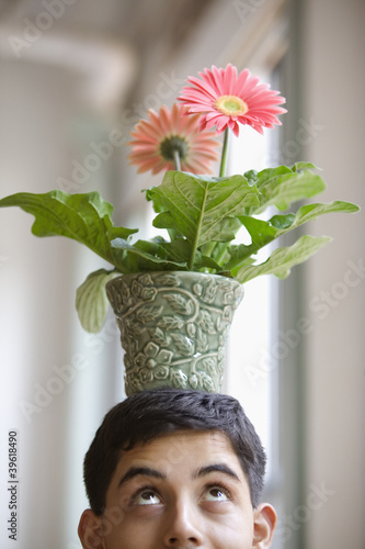 Photo: Close up of young adult man balancing potted flower on head Close up of young adult man balancing potted flower on head