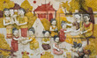 Thai culture of Songkran festival stone carving on temple wall