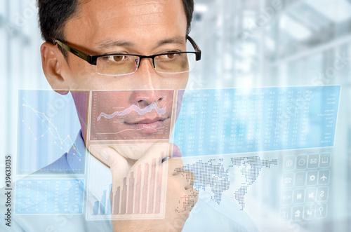 Illustration: Businessman studying digital business and financial Businessman studying digital business and financial