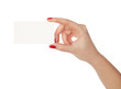Female hand holding a blank paper. isolated in white