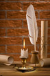 old writing accessries on a background of the brick wall