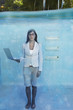 South American businesswoman in swimming pool