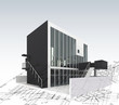 Architecture model house with plan and blueprints. Vector