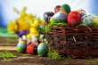 Easter eggs and natural wooden country table Easter eggs and natural wooden country table
