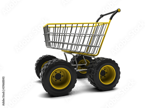 Illustration: Shopping basket with big wheels on a white background Shopping basket with big wheels on a white background
