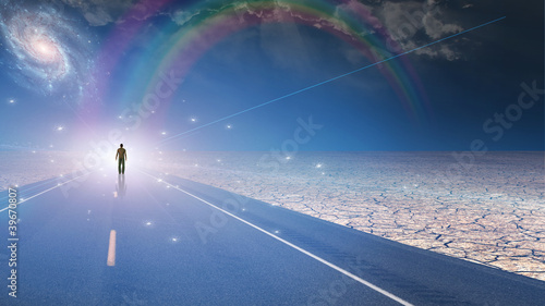 Illustration: Man bathed in light and roadway Man bathed in light and roadway