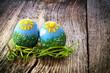 Easter eggs and natural wooden country table Easter eggs and natural wooden country table