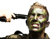 portrait of young soldier comiting suicide over white background