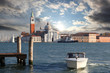 San Giorgio island with speed boat in Venice, Italy San Giorgio island with speed boat in Venice, Italy