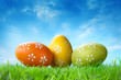 Color easter eggs in the grass against blue sky