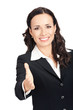 Businesswoman giving hand for handshake, on white