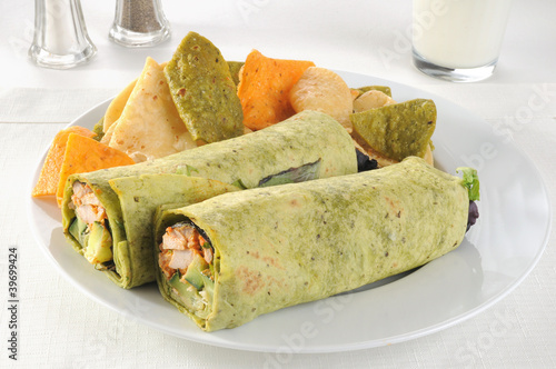 Photo: Roasted chicken spring rolls with a glass of milk Roasted chicken spring rolls with a glass of milk