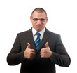 Successful businessman showing thumbs up isolated on white
