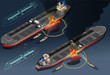 Vektor: Isometric oil tanker fire disaster in two position Isometric oil tanker fire disaster in two position