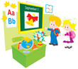 Schoolboy and schoolgirl in a classroom