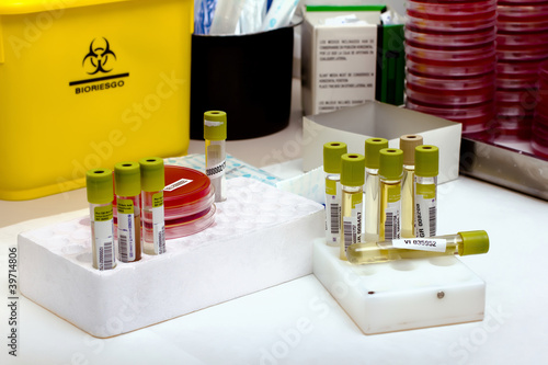 Photo: Mesa de trabajo de un laboratorio con tubos y placas Mesa de trabajo de un laboratorio con tubos y placas