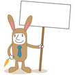 Geschäftsmann, verkleidet als Osterhase, Schild