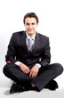 portrait of a young manager for motor with a small red toy car